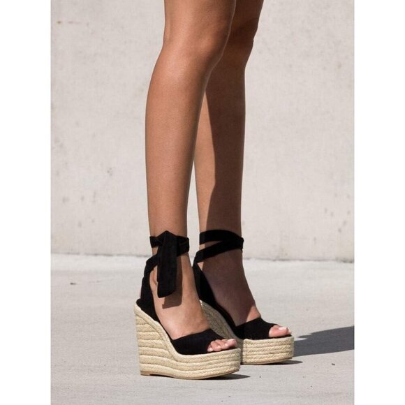 Buy Friends Like These Taupe Faux Suede Multi Strap Square  Women’s Faux Suede Espadrille Wedges Summer Sandals Open Toe 4 Inch Heel